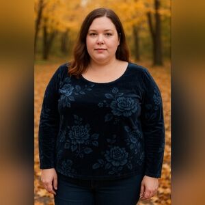 Old Navy Velvet Floral Blouse 3X Navy Blue Long Sleeve